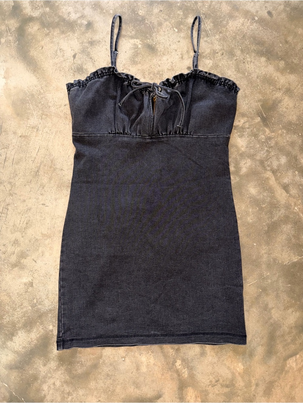 LunaChix Black Denim Look Cami Mini Dress Large Lace Up Stretch Y2K Ruffle